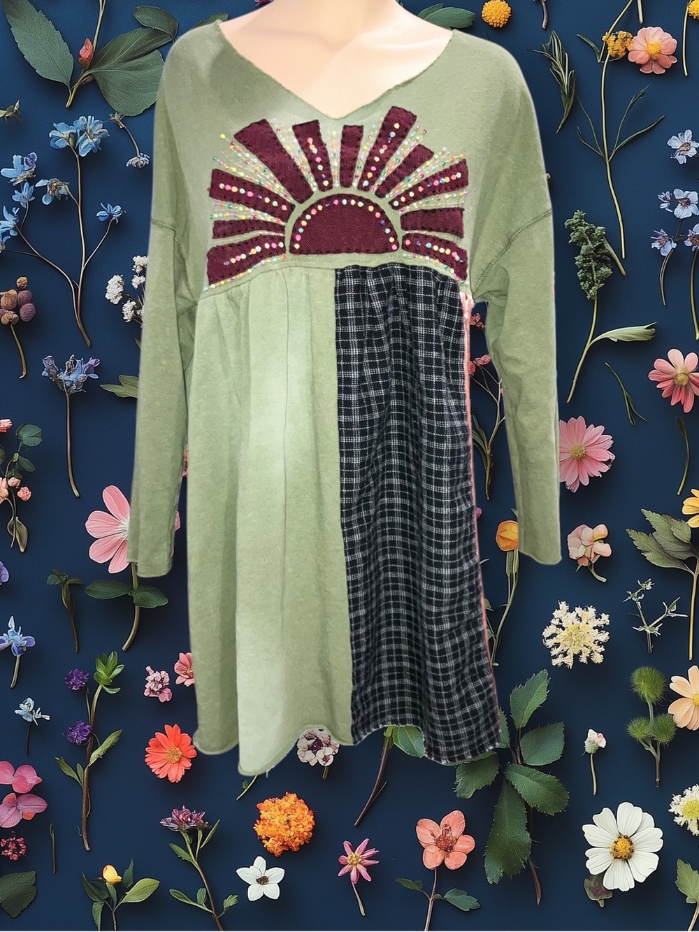 One X One Teaspoon Green Sweatshirt Mixed Media Dress Velvet Flannel Size Small
